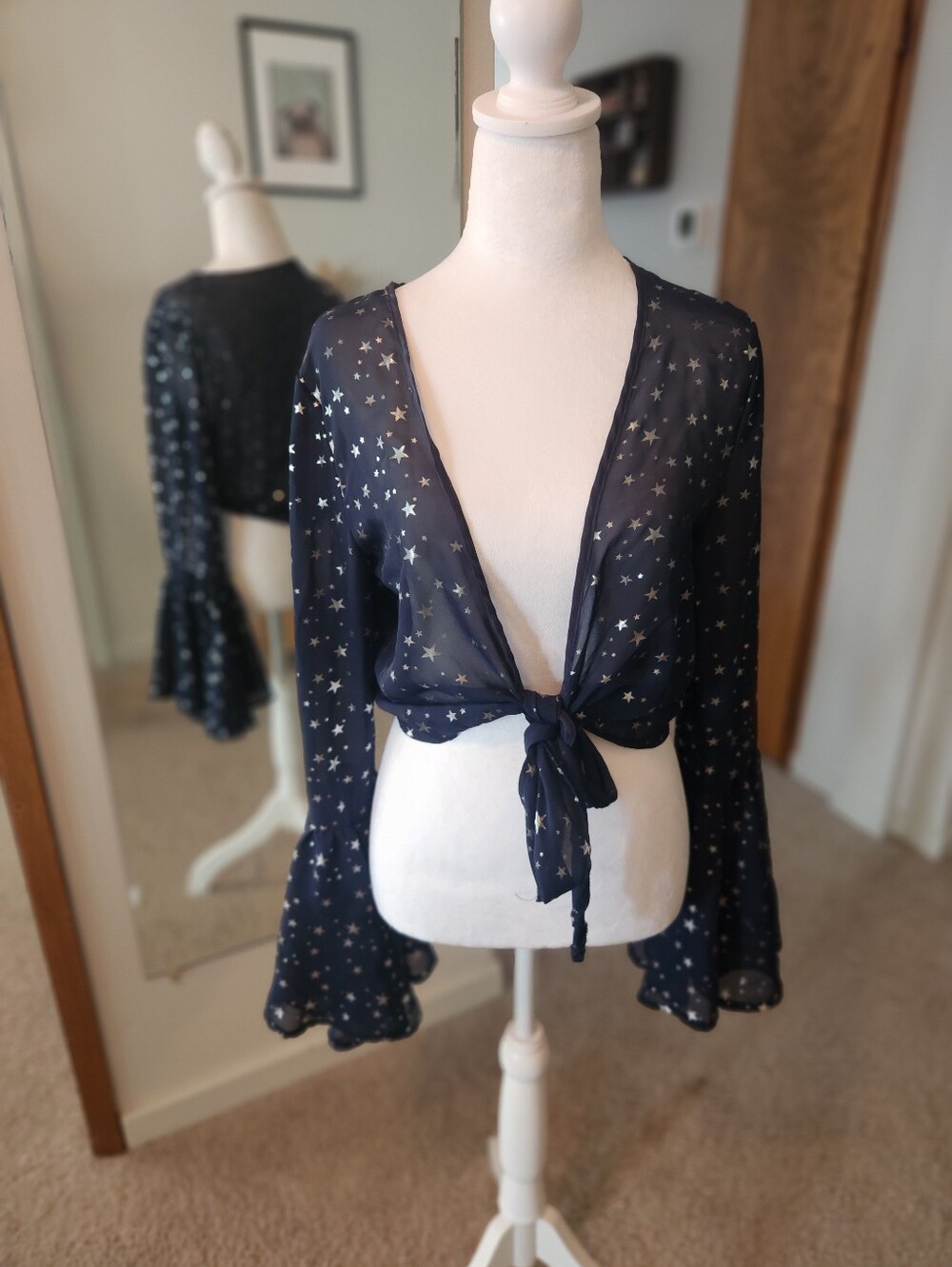 (2 For $30) Star Of The Show Print Navy Tie-Front Sheer Blouse